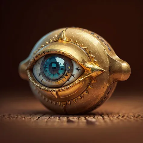 there is a gold and blue eye sitting on a table