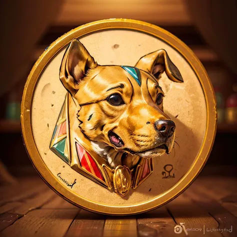 <lora:Style_of_the_Winds:0.8>,((masterpiece,best quality)), absurdres, <lora:Egyptian_Icons:0.7>, Egyptian_Icons, no humans, coin, dog symbol, still life, gold, sparkle,