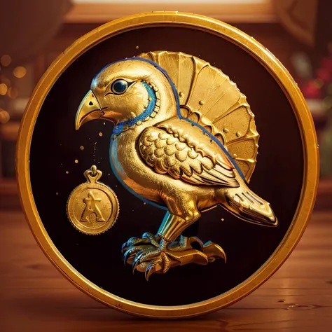 there is a gold bird with a blue tail and a gold medallion