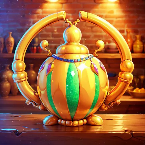 a close up of a teapot on a table with a brick wall in the background