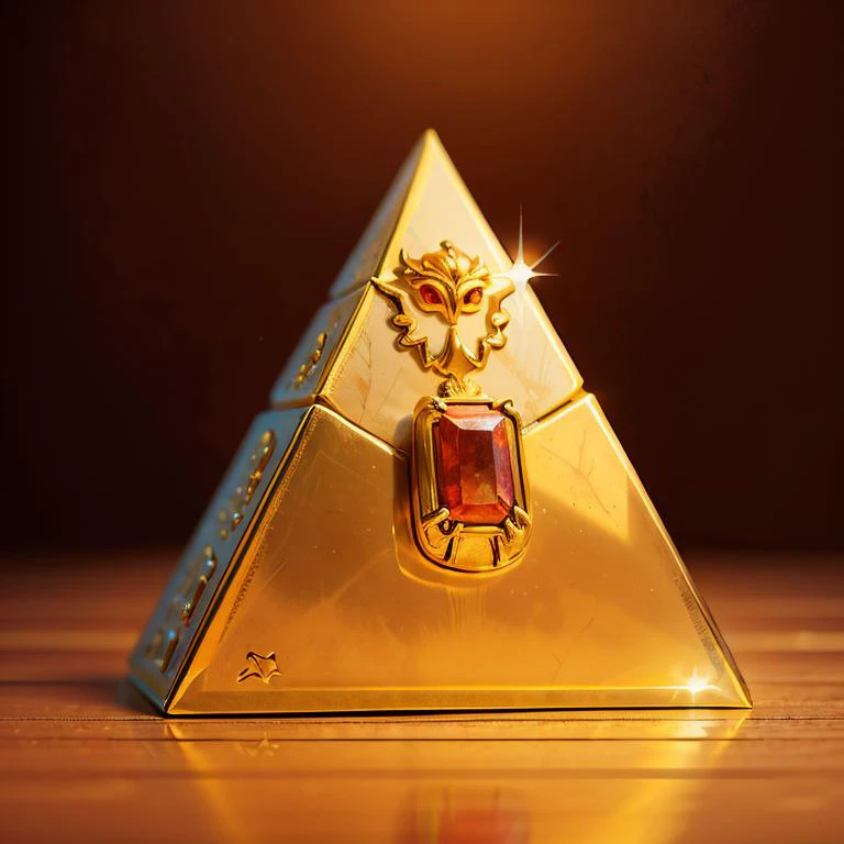 a close up of a gold pyramid with a red stone in it