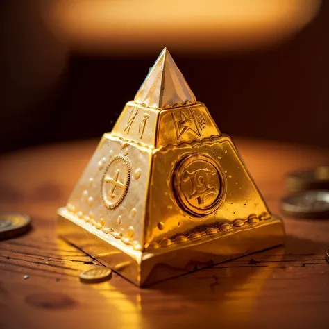 there is a gold pyramid with a clock on top of it