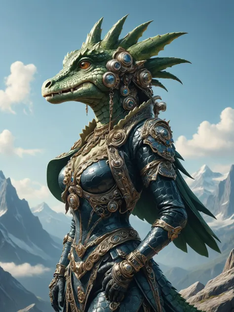 a woman in armor standing on top of a mountain with a dragon