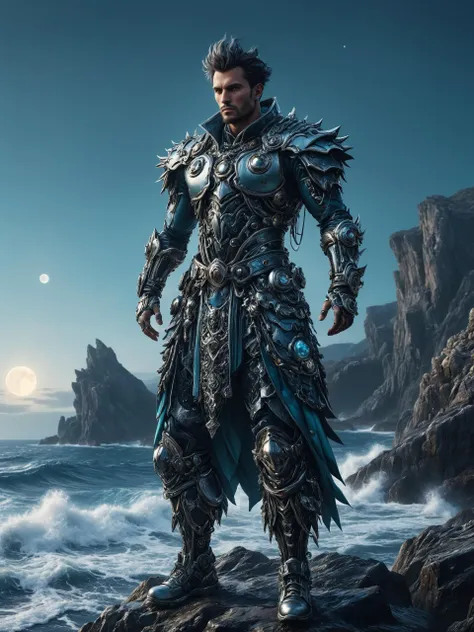 a man in armor standing on a rock near the ocean