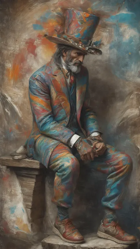 painting of a man in a suit and top hat sitting on a ledge