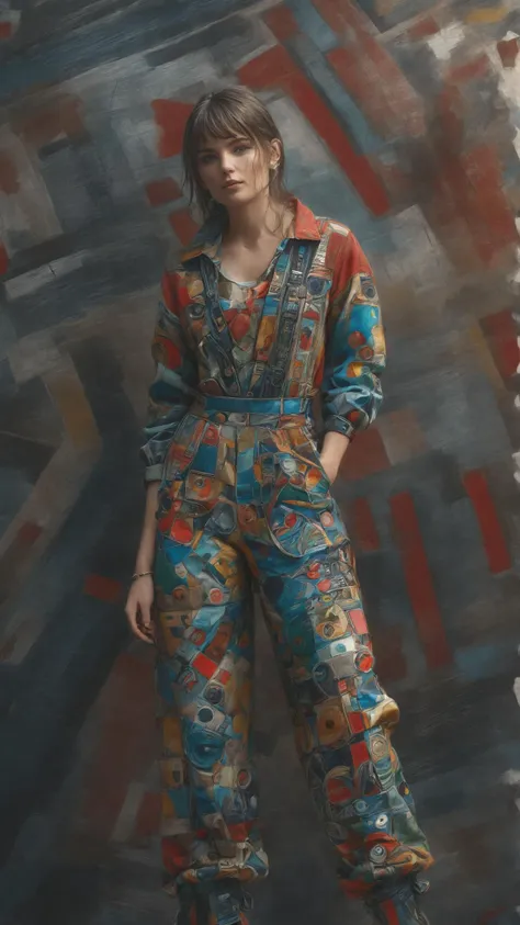 a woman in a colorful jumpsuit standing in front of a painting