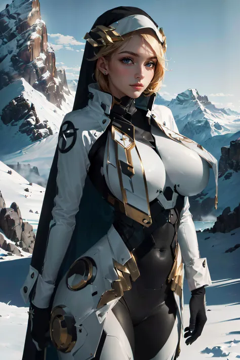 (masterpiece, best quality, ultra detailed, absurdres:1.5), 1girl, (sexy, beautiful woman, perfect face, perfect eyes, perfect female body, large breasts:1.5), (rapunzeldef, nun, bodysuit, <lora:rapunzel-nikke-richy-v2:1>), (standing, outdoors, mountains, ...