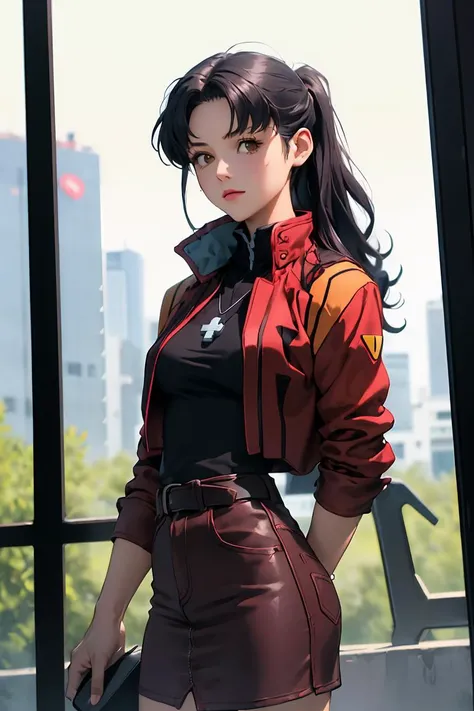 (masterpiece, best quality), 1girl, beautiful face, beautiful body,   <lora:KatsuragiMisato:1> katsuragi misato, brown eyes, black dress, cross necklace, high collar dress,  red jacket || black sweater, cross necklace, high collar dress, red jacket, pencil...