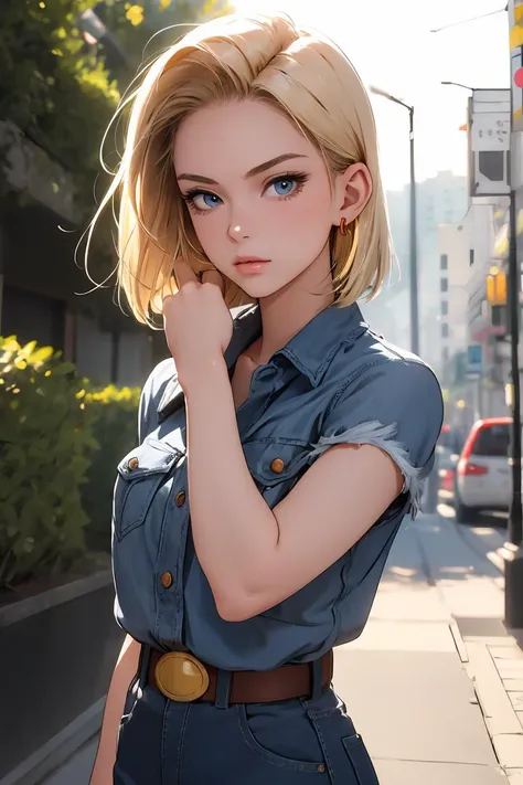 (masterpiece, best quality), 1girl, beautiful face, beautiful body,  <lora:android_18:1> android18, earrings, denim, belt