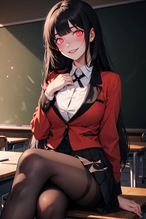 masterpiece,best quality,highres,hmjy1,long hair,blunt bangs,school uniform,red jacket,black pantyhose,white shirt,black ribbon,pleated skirt,long sleeves,<lora:jabami yumeko_v10:0.7>,cowboy shot,glowing eyes,blush,evil smile,sitting,classroom,dark backgro...