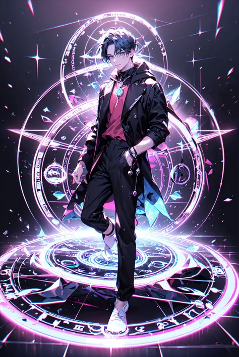 anime guy in a black suit and pink shirt standing in front of a circular object