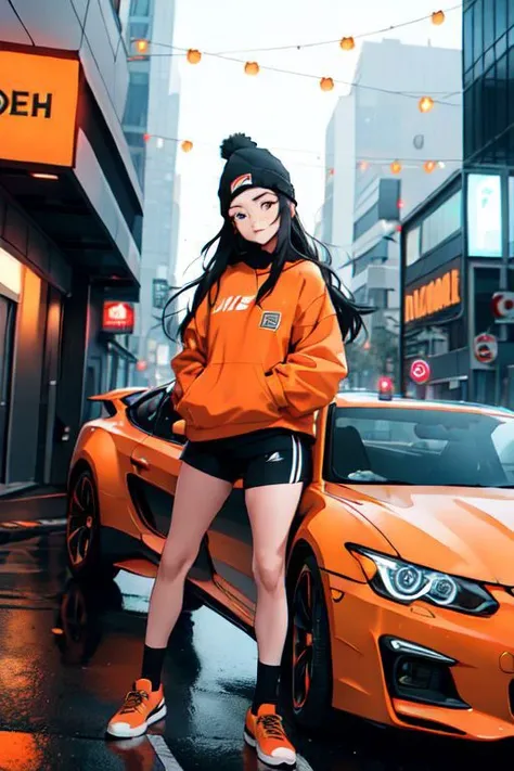 (masterpiece, best quality, absurdres), 1girl standing next to a car, long hair, black hair, beanie, athletic outfit, orange socks , sneakers, cyberpunk, science fiction, retrowave lights, cinematic lighting, daytime, city, on street, heavy rain, , wide sh...