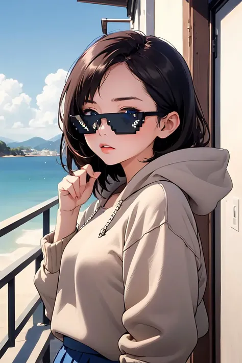 (masterpiece, best quality), 1girls, beautiful face, beautiful body,  <lora:DealWithIt2:0.8> incrsdealwithit, sunglasses,  <lora:ichikawakana-nvwls-v1:1> ichikawakana, grey hoodie, blue skirt, ringed eyes