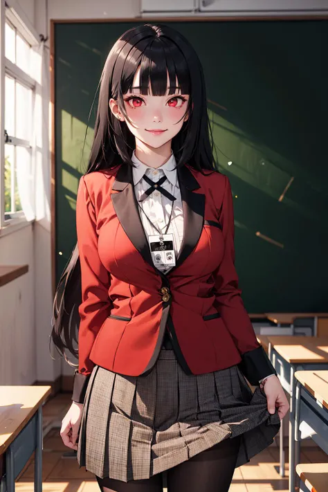 masterpiece,best quality,highres,hmjy1,long hair,blunt bangs,red eyes,school uniform,red jacket,blazer,pantyhose,white shirt,black ribbon,pleated skirt,<lora:jabami yumeko_v10:0.7>,cowboy shot,classroom,(name tag:1.1),standing,(skirt lift:1.3),panties unde...