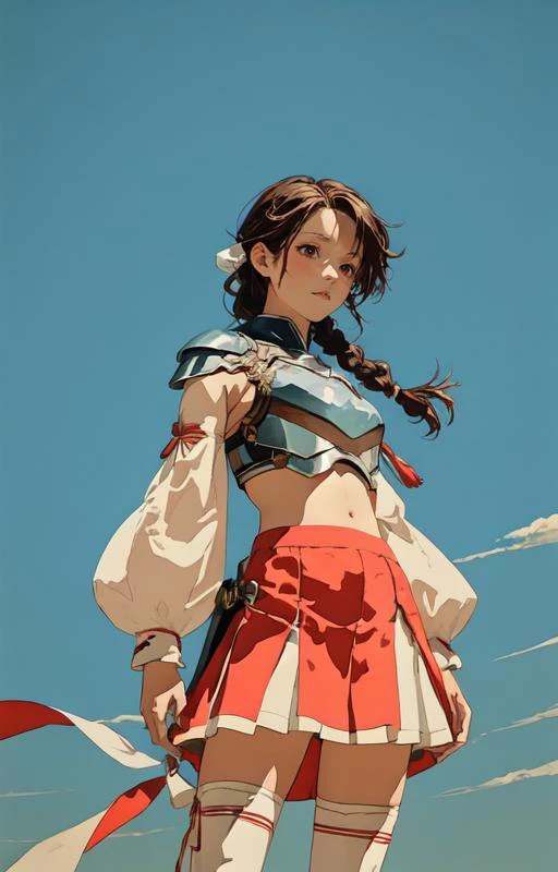 AAASUNA, LONG HAIR, BROWN HAIR, BRAID, BROWN EYES, BARE SHOULDERS, ARMOR, BREASTPLATE, WHITE SLEEVES, DETACHED SLEEVES, RED SKIRT, PLEATED SKIRT, WHITE THIGHHIGHS<lora:TGS5:1.25>