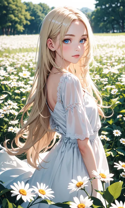 a woman in a field of daisies with long blonde hair