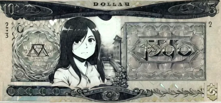 ((masterpiece)),(best quality), absurdres,sadako_yamamura,<lora:Sadakobest:0.8>,  <lora:moneyStyle_v10:0.5>, money,dollar bill,banknote,monochrome, traditional media,anime artstyle, cute face,