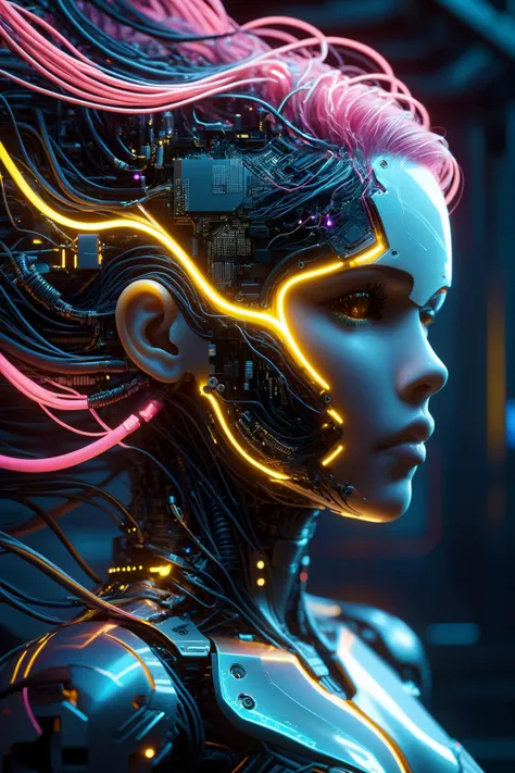 the head of a female cyborg, by Ralph McQuarrie, by Aaron Horkey, neon yellow lightning, neon teal lightning, neon magenta lightning, cables, wires, synthwave, vaporwave, retro futurism, circuitboard, dark futuristic, DonMW15pXL, floating, astral <lora:Dar...