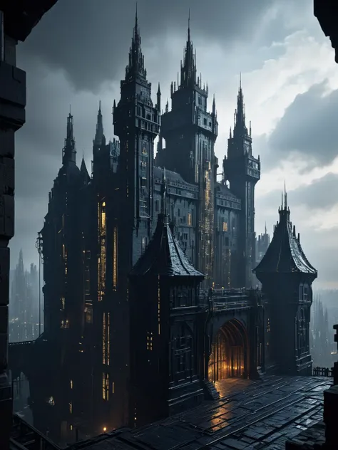 a large castle with a clock tower in the middle of a dark city