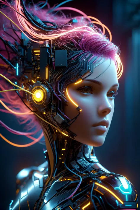 the head of a female cyborg, by Ralph McQuarrie, by Aaron Horkey, neon yellow lightning, neon teal lightning, neon magenta lightning, cables, wires, synthwave, vaporwave, retro futurism, circuitboard, dark futuristic, DonMW15pXL, floating, astral <lora:Dar...