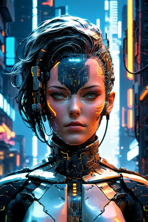 female cyborg, cyberpunk cityscape, by Ralph McQuarrie,  80s inspired, cables, wires, synthwave, vaporwave, retro futurism, neon colors <lora:add-detail-xl:1> <lora:xl_more_art-full_v1:0.8> <lora:Double_Exposure:0.5> double exposure, vapor wave background ...