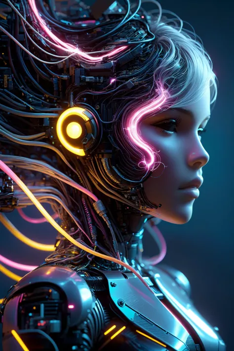 the head of a female cyborg, by Ralph McQuarrie, by Aaron Horkey, neon yellow lightning, neon teal lightning, neon magenta lightning, cables, wires, synthwave, vaporwave, retro futurism, circuitboard, dark futuristic, DonMW15pXL, floating, astral <lora:Dar...