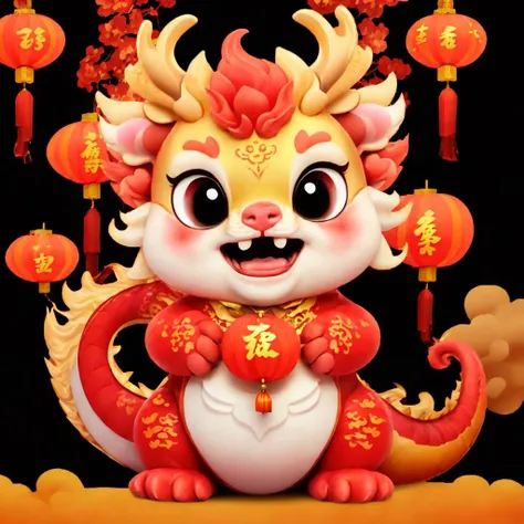 a close up of a cartoon cat with a red and gold dragon costume