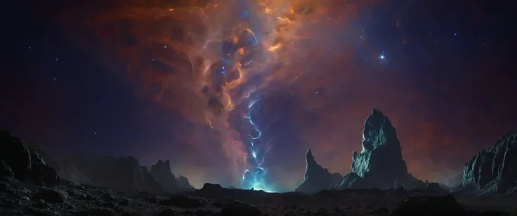 cinematic still frame of alien landscape dominated by jagged, sharp obsidian-like rock formations that jut out from the ground at odd angles (with a futuristic power plant in the background:1.2), nebula, aurora, constellation, galaxy, glowing, light, light...