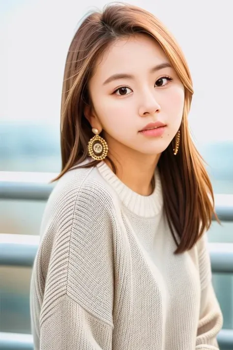 RAW photo,1girl,face close up,solo,chtwchaeyo,brown hair,sweater,earring,((detailed:1.2)),(photorealistic:0.8),photoshoot,masterpiece,best quality,natural lighting ,city background,at night, high quality, film grain,looking at viewer,upper body, <lora:chae...