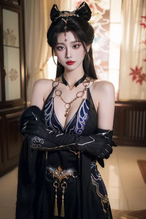 ltra-detailed,highly detailed,best quality,masterpiece,illustration,realistic,photorealistic,
yulinglong, china dress, 
1girl, solo, 
bare shoulders, detached sleeves, elbow gloves, 
hair ornament, long hair, hair bun, 
jewelry, necklace, earrings, forehea...