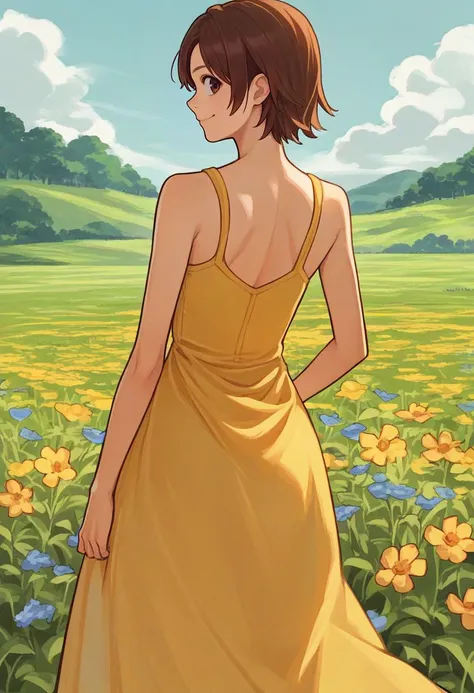 a woman in a yellow dress standing in a field of flowers