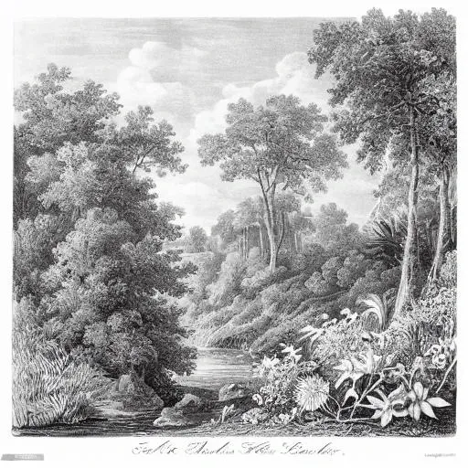 <lora:engraving (1):1> engraving, black and white,  forest, river, flowers, sky