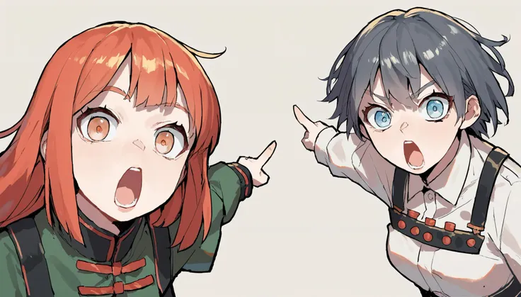 anime characters with red hair and blue eyes are pointing at something