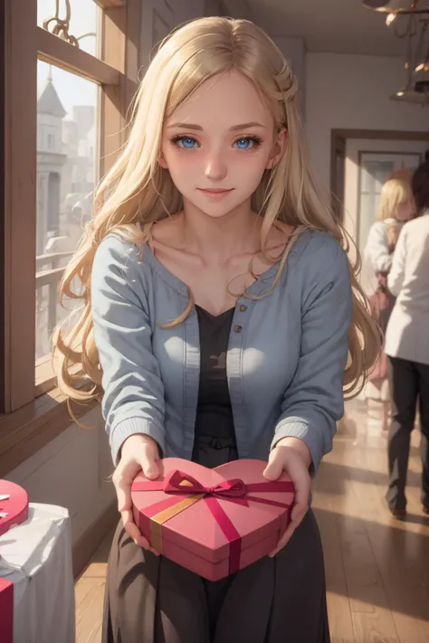 best quality, highly detailed, mature female, IncrsVGiftBoth, <lora:IncomingValentineGiftPOVTwoHands:.9> maria, blush, <lora:MariaV2:.7>  incoming gift <lora:age_slider_v1:.5> , blue eyes, closed mouth, light smile:.3,  looking looking away, blonde,