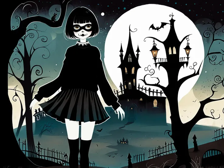 childrens book, illustration, style of Gris Grimly, Whimsical, Macabre, Gothic, Playful, Detailed, dark, background, night time,
velma dinkley, sweater, pleated skirt, thigh high socks, black leather shoes, spooky mansion, <lora:add_detail:1>  <lora:age_sl...