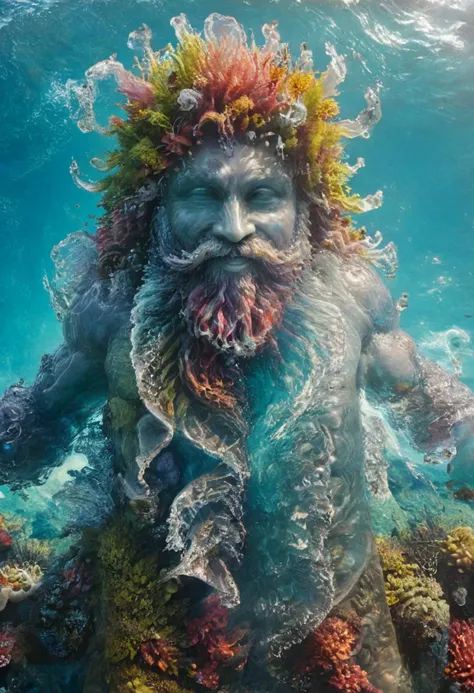 a man with a beard and a flower crown on his head is swimming in the ocean