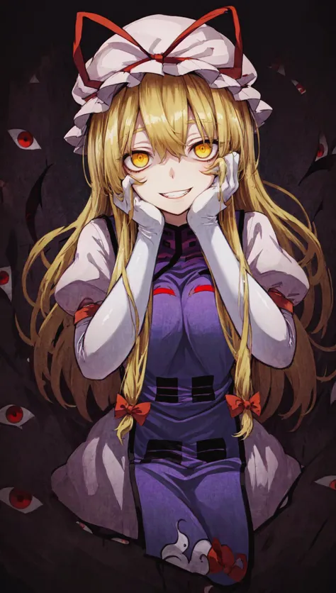 yakumo yukari, (gap (touhou):1.3), (multiple eyes:1.1), solo, smug, wide grin, yandere, yandere trance, constricted pupils, hands on own face, blonde hair, long hair, floating hair, yellow eyes, mob cap, purple tabard, bow frills, white elbow gloves, glowi...