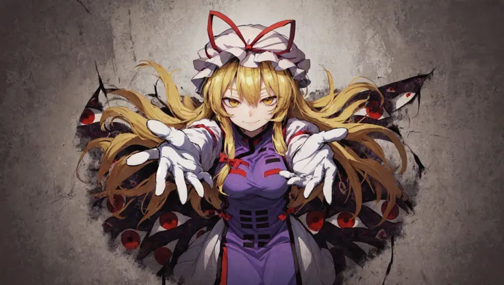 yakumo yukari, (gap (touhou):1.2), (multiple eyes:1.1), smug, reaching out, foreshortening, blonde hair, long hair, floating hair, yellow eyes, mob cap, purple tabard, frills, white elbow gloves, white background, glory wall, through wall, stuck <lora:gapt...