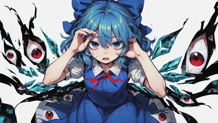 (gap (touhou):1.3), (multiple eyes:1.15), cirno, solo, worried, open mouth, scared, hands on own face, ice wings, (blue hairbow:1.1), blue hair, blue eyes, pinafore dress, white background, <lora:gaptouhou:1>