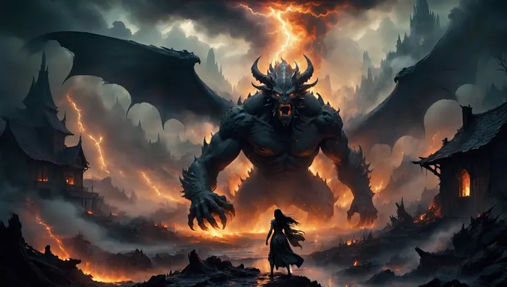 a man standing in front of a demonic creature in a dark sky