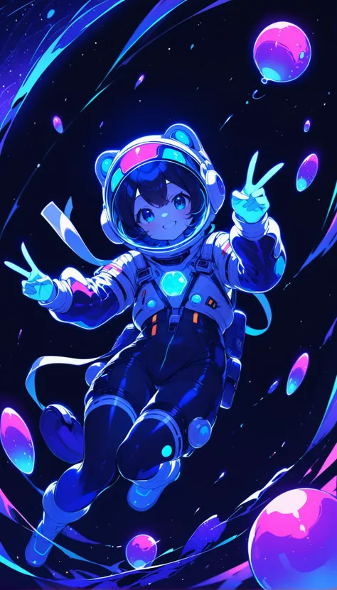 <lora:Glowing_bubble_XL:1.2> glowing bubble spacesuit, cute, in space, floating, spacecraft, space helmet, v, smile,