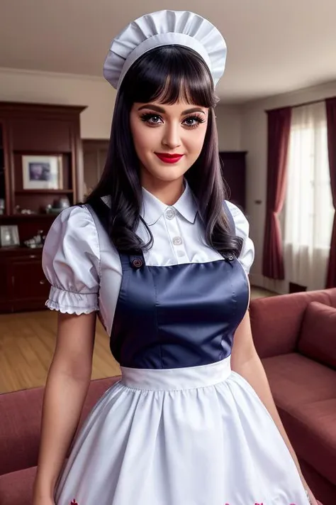 <lora:katyperry-06:0.4>, katyperry,  photo of a woman, ((maid hat, maid uniform, maid dress, living room, vacuum)), smiling, (lipstick, blush, eye shadow), ((best quality, masterpiece, extreme details, high resolution):1.2),((detailed eyes, beautiful eyes,...