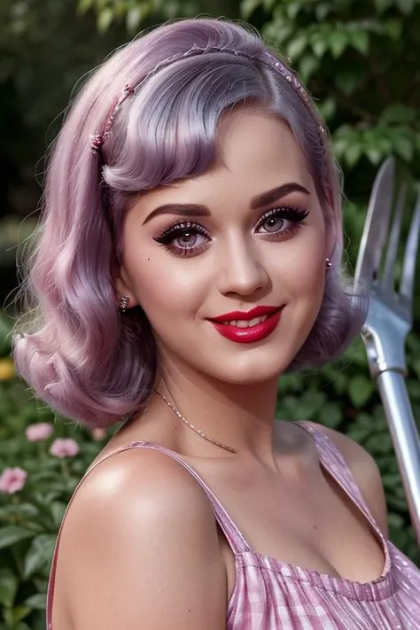 <lora:katyperry-06:0.4>, katyperry,  photo of a woman, ((fifties hair, 50s hairstyle, fifties dress, garden, shovel, dirty face)), smiling, (lipstick, blush, eye shadow), ((best quality, masterpiece, extreme details, high resolution):1.2),((detailed eyes, ...