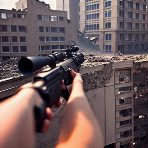 a person is holding a rifle with his hand and pointin it straight at a building, the background is a destroyed town,
intricate details, modelshoot style, dreamlikeart, dramatic lighting. 8k, highly detailed, trending artstation,
FPV