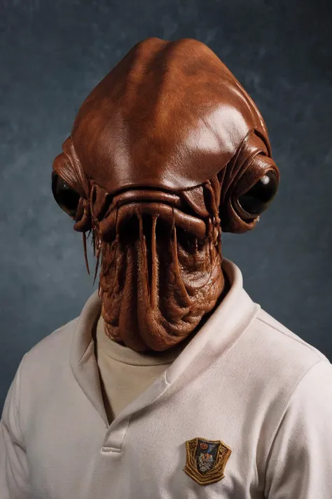 a close up of a person wearing a brown alien mask