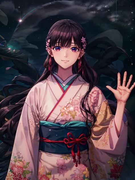 MiyoSaimori, 1girl, solo, looking at viewer, waving hand, hand up, smile, pink kimono, japanese clothes, sash, hair ornament, long sleeves, hair flower, wide sleeves, starry sky background, detailed background, <lora:MiyoSaimori:0.7> <lora:add_detail:0.7>