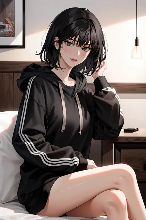 anime girl sitting on a bed with her legs crossed