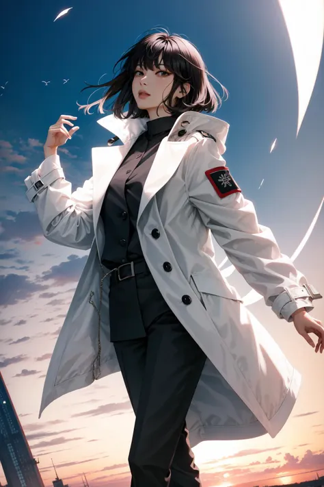 a woman in a white coat standing on a ledge with a bird flying overhead