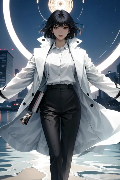 a woman in a white coat and black pants standing on a beach