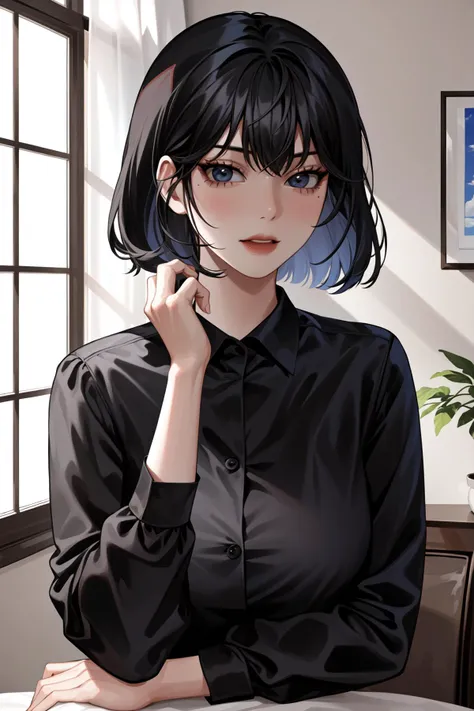 anime girl with black hair and blue eyes sitting at a table